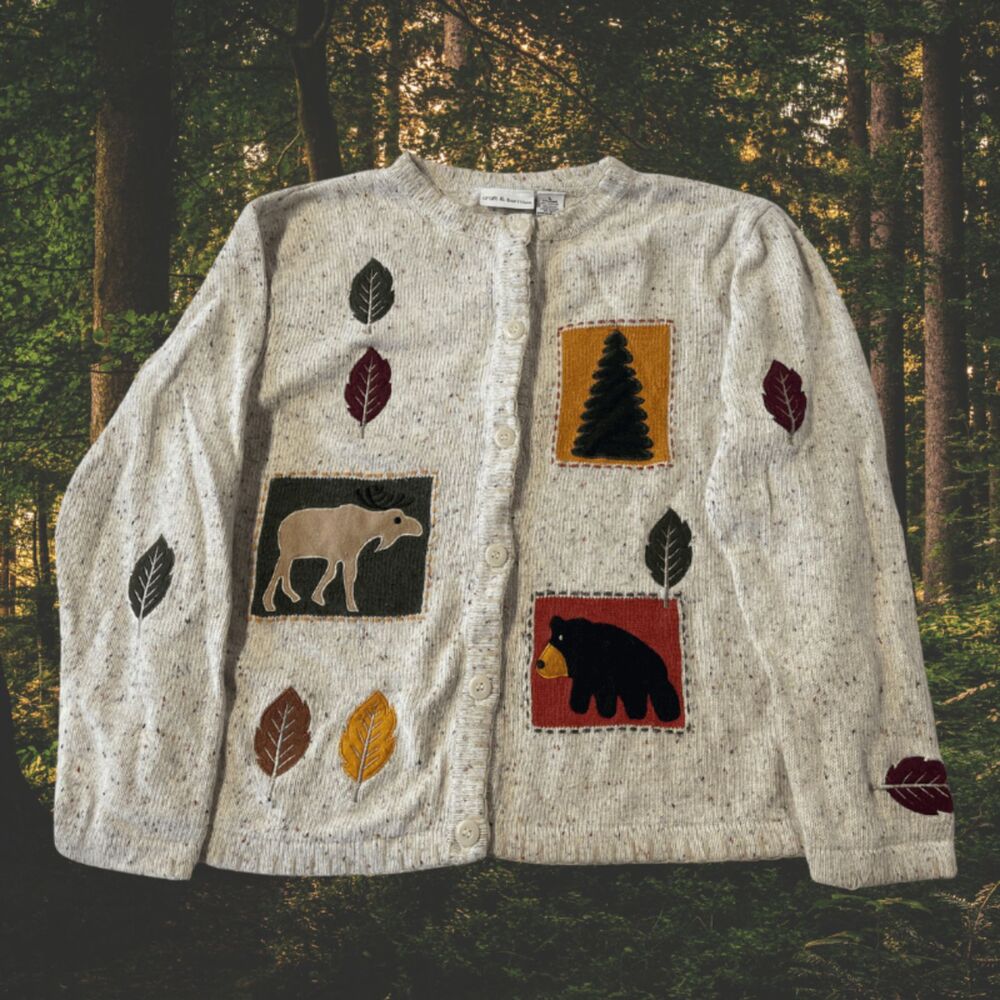 Vintage Croft & Barrow Autumn Cardigan Sweater L Moose- Bear- Leaves Cottagecore
